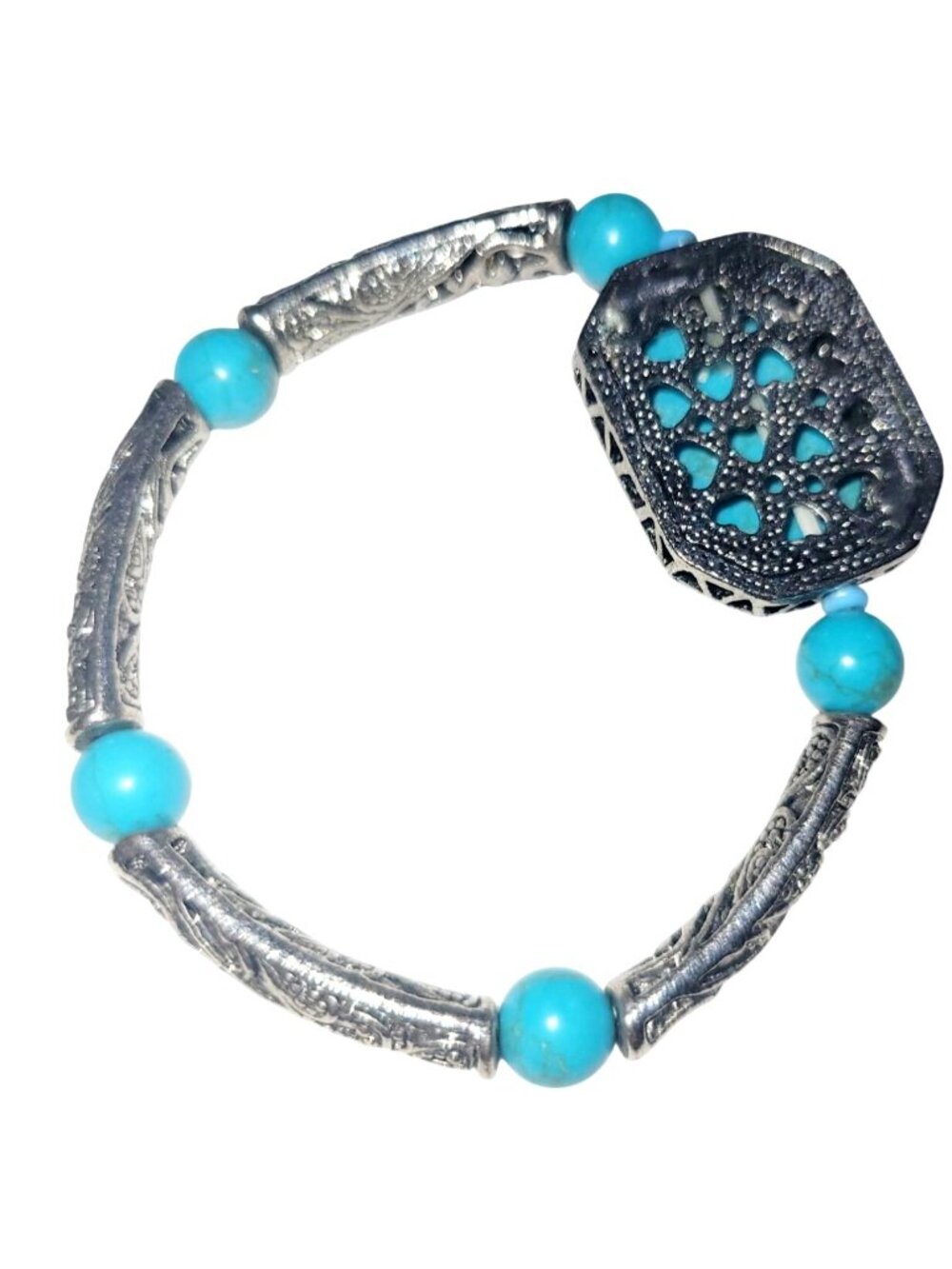 Vintage Turquoise Stone and Chips Silver Tone Fillagree Bracelet - Picture 6 of 9